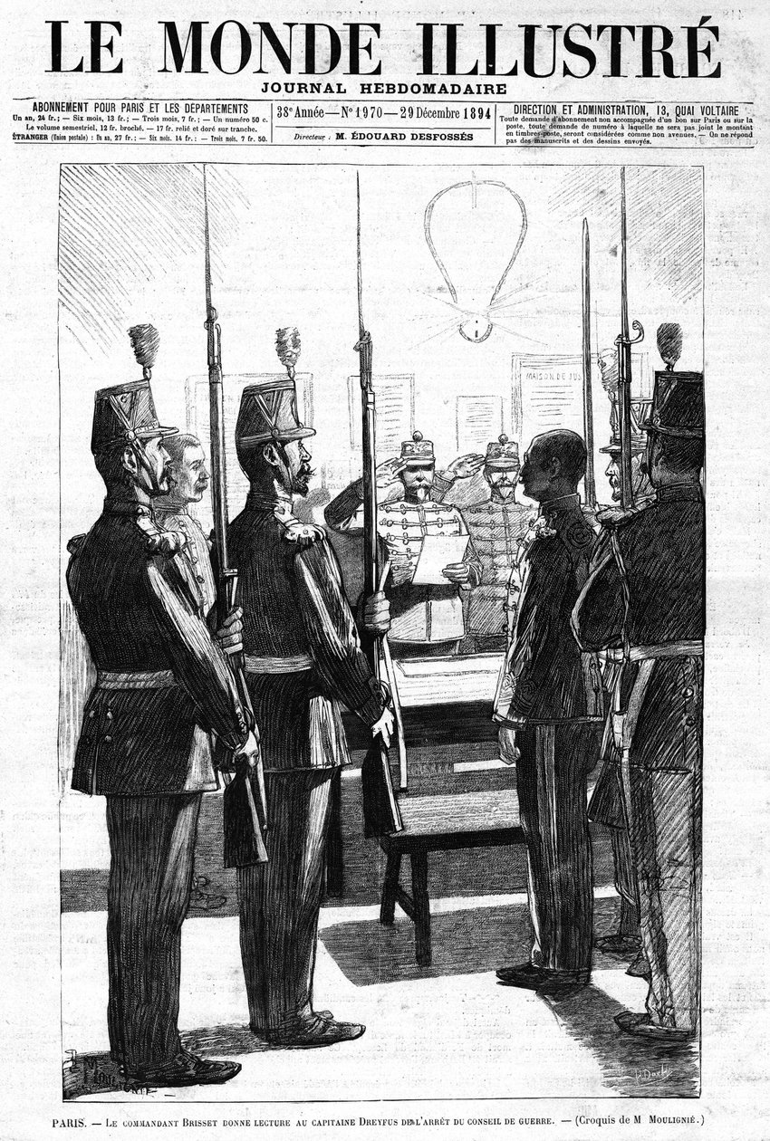 Kommandøren læste, for kaptajn Alfred Dreyfus, krigsrådets arrestation, Paris. Skitse af hr. de Moulignie. I "" Le Monde Illustré"" Ugeskrift nr. 1970 af 29. december 1894. af L. Moulignie