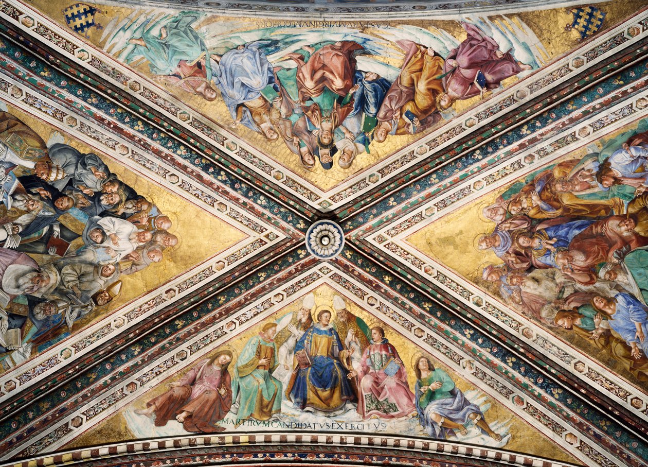 Kalkmalet hvælving af Giovanni da Fiesole kendt som Fra Angelico og Luca Signorelli, Kapel af Madonna di San Brizio, katedralen i Orvieto. Italien af L Fra Angelico and Signorelli