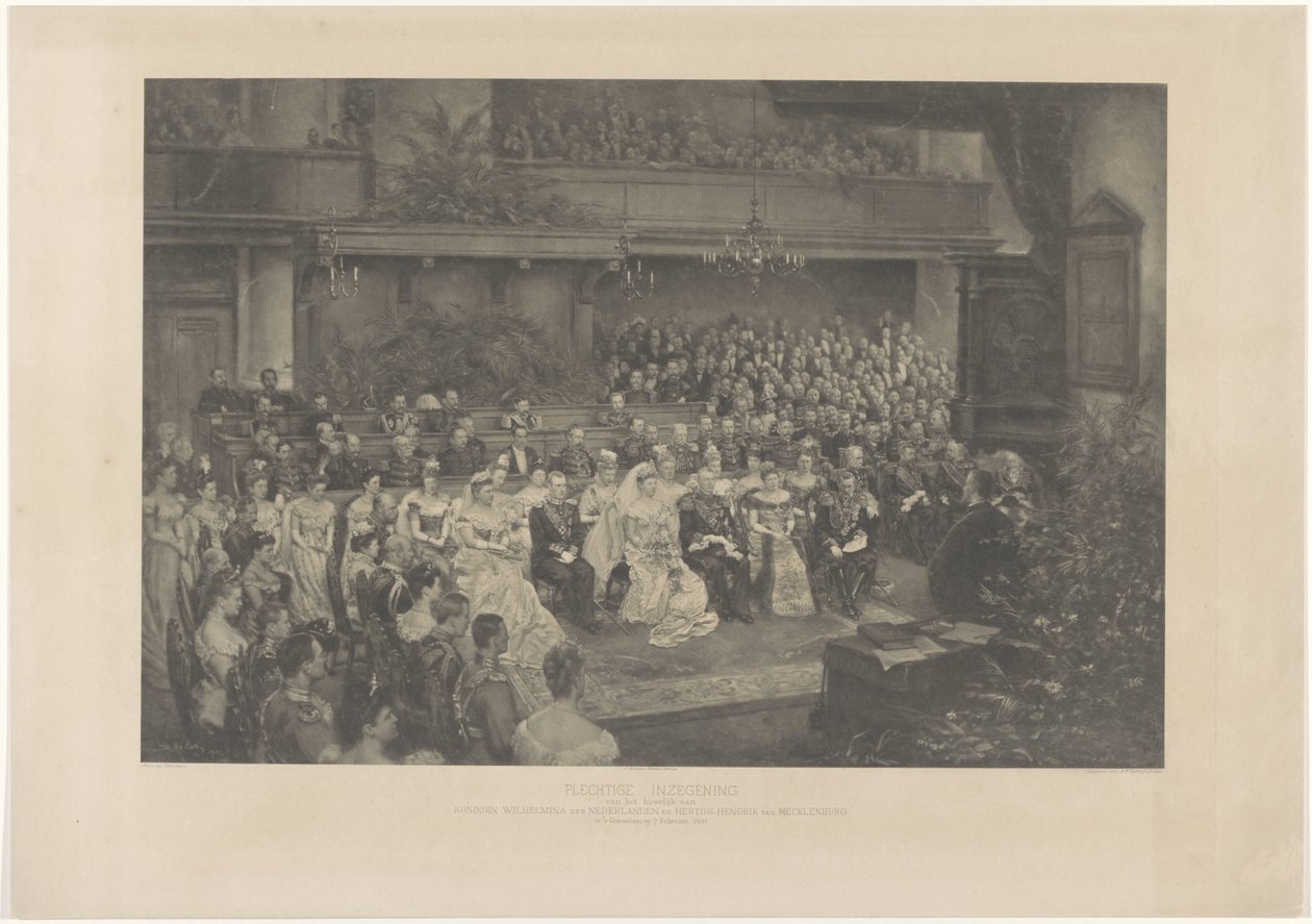 Højtidelig velsignelse af ægteskabet mellem dronning Wilhelmina af Holland og hertug Hendrik af Mecklenburg i Haag, den 7. februar 1901 (titel på objektet) af L. Angerer