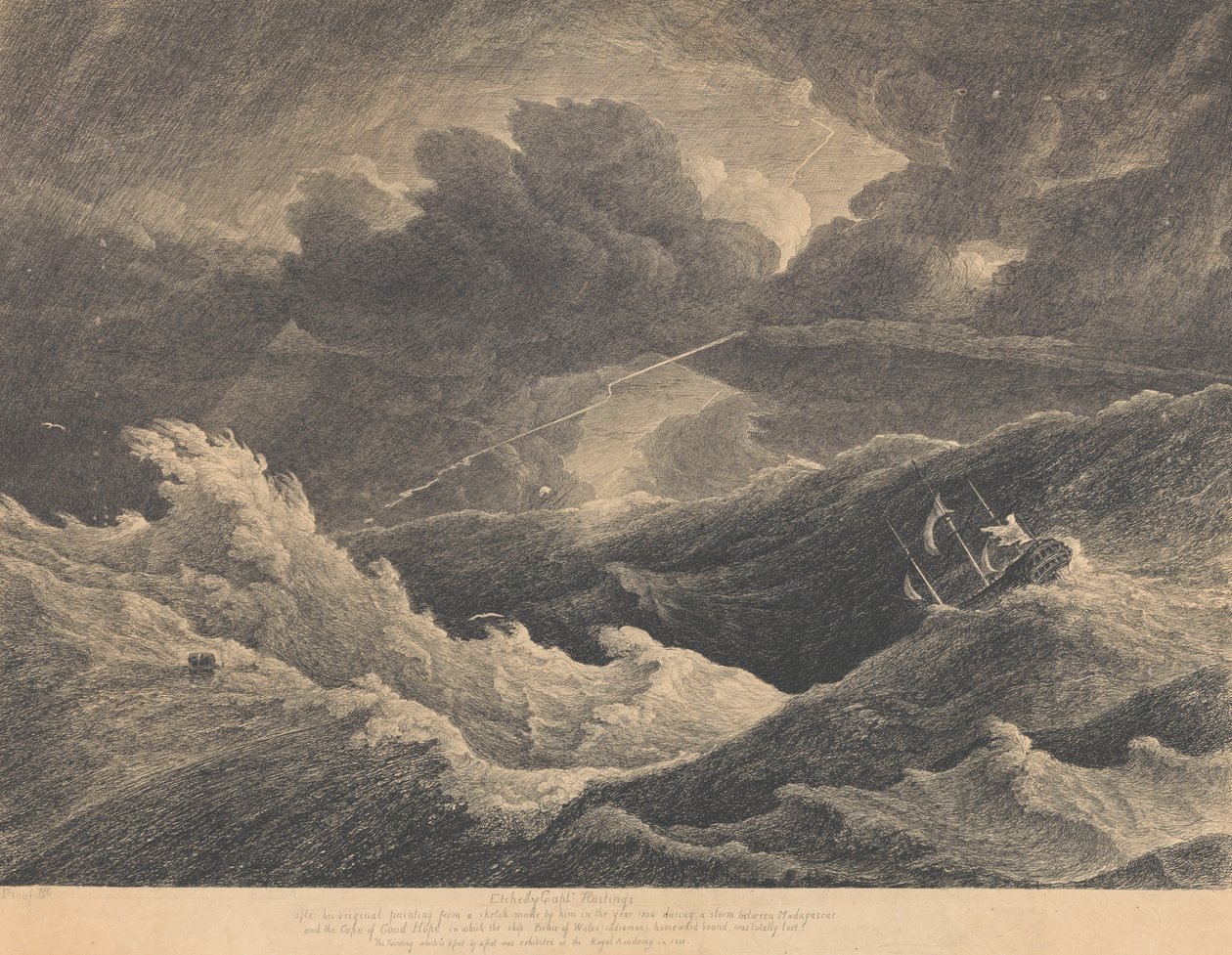Fra en skitse lavet i 1804 under en storm mellem Madagaskar og Kap Det Gode Håb, hvor det indiske skib 