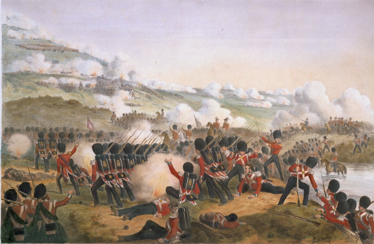 Gardernes store angreb på Almas højder under Krimkrigen, 1854 (farvet litho) af L. Huard