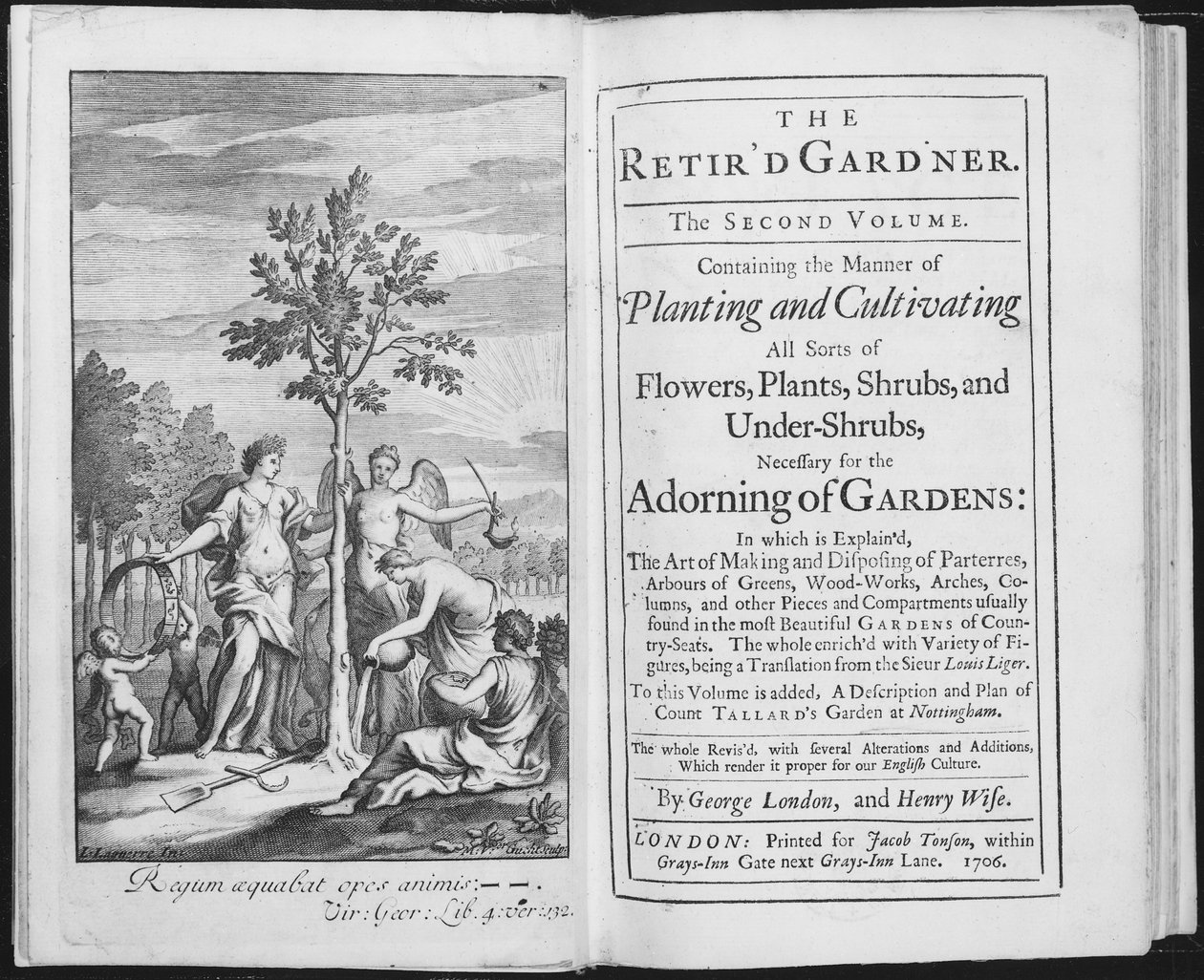 Frontispice til The Retird Gardener af George London og Henry Wise, indgraveret af Van der Gucht, 1706 (bw-foto) af L. Laguerre