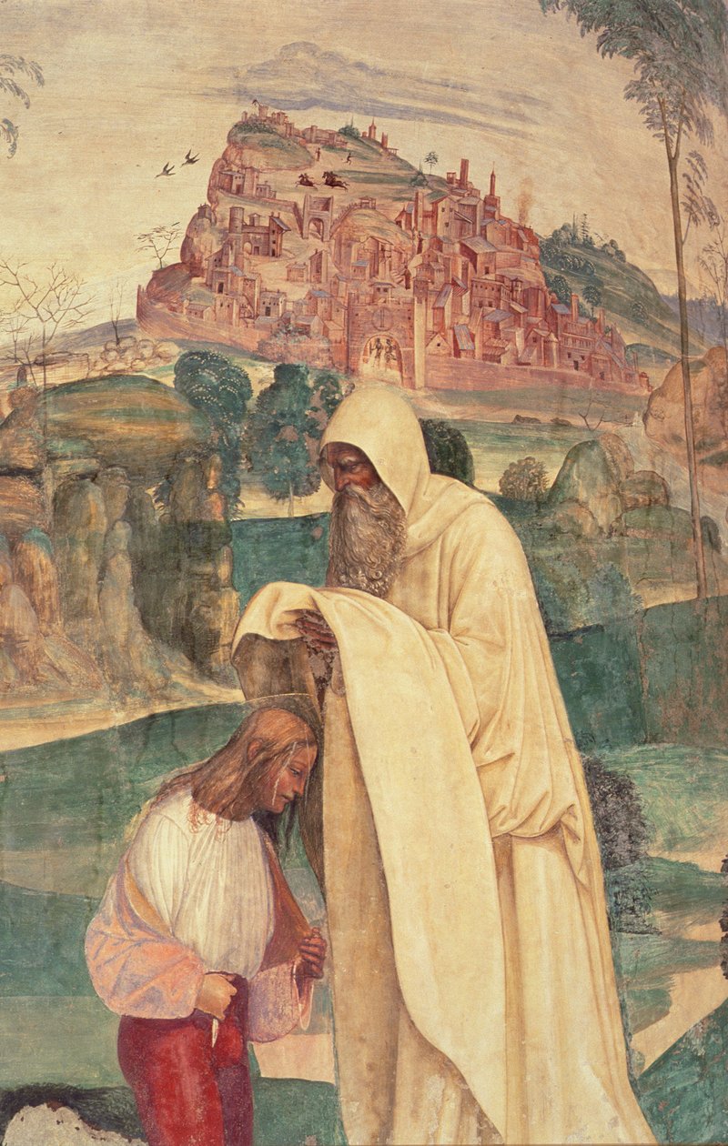 St. Benedicts liv, Scene 4: Munken Romanus klæder Benedikt af L. Signorelli