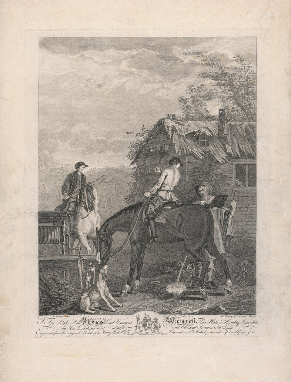 Et sæt på syv, uden titel, hver dedikeret: Til den rigtige ærede. Thomas Lord Viscount Weymouth ... fra det originale maleri i Long Leat Hall. [Centre, en grå holdt af en jagttjener, med andre heste og hunde...] af L. Truchy