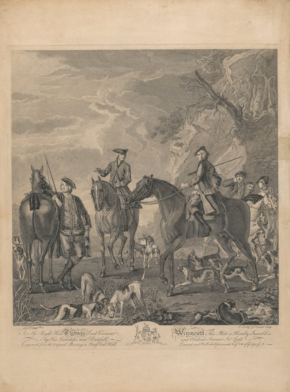 Et sæt på syv, uden titel, hver dedikeret: Til den rigtige ærede. Thomas Lord Viscount Weymouth ... fra det originale maleri i Long Leat Hall. [Ryttere og hunde, der hviler i et klippelandskab.] af L. Truchy