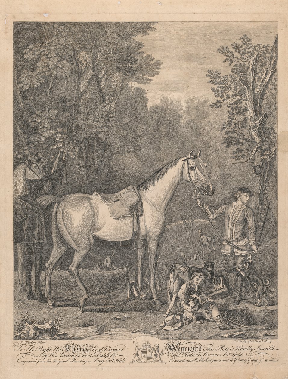 Et sæt på syv, uden titel, hver dedikeret: Til den rigtige ærede. Thomas Lord Viscount Weymouth ... fra det originale maleri i Long Leat Hall. [To ryttere ved en bondegård spørger vej fra en bonde; en brønd til venstre, med et par rævehunde...] af L. Truchy