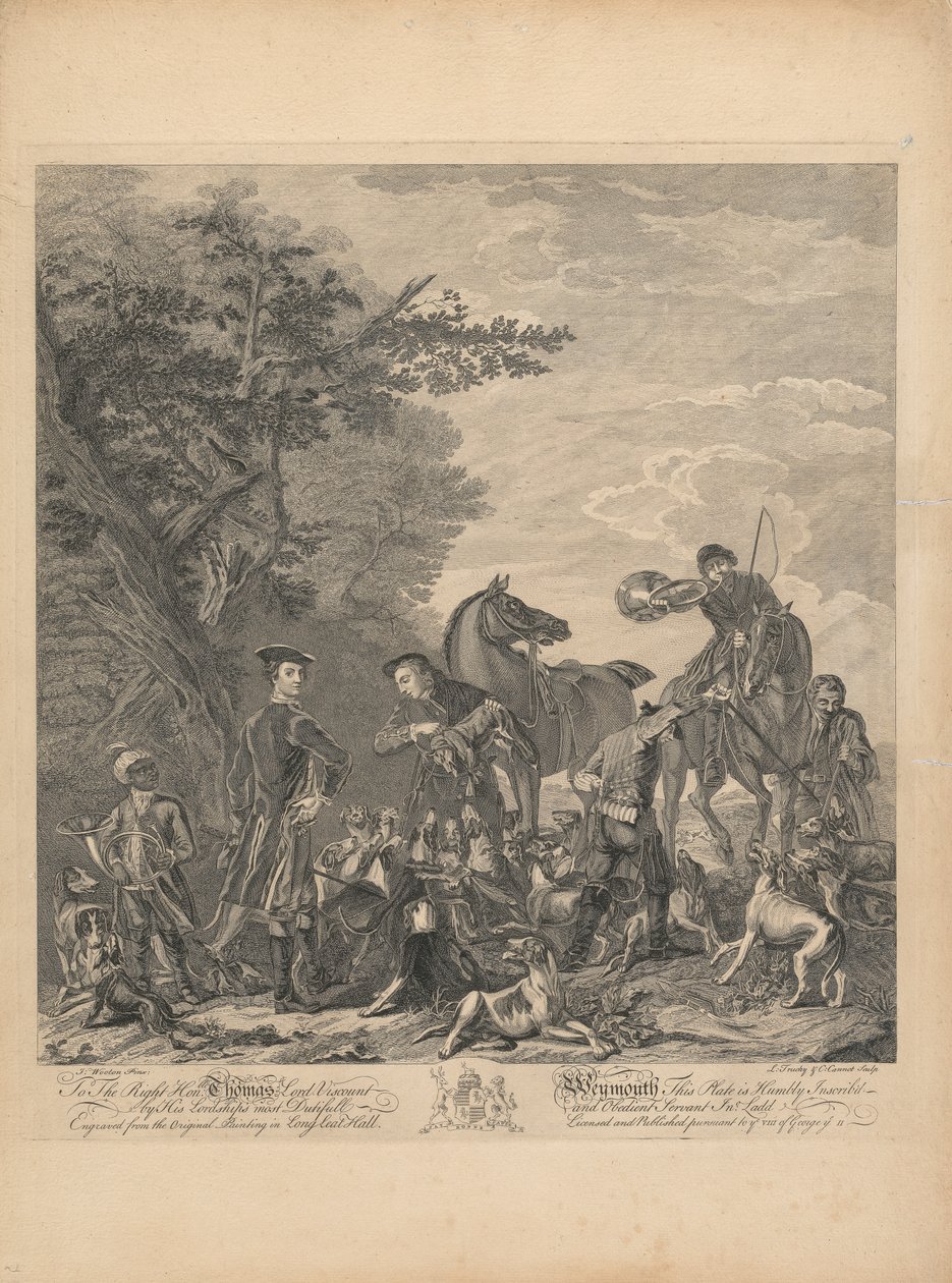 Et sæt på syv, uden titel, hver dedikeret: Til den rigtige ærede. Thomas Lord Viscount Weymouth ... fra det originale maleri i Long Leat Hall. [Dræbet: to ryttere steg af, den ene holdt ræven over skrålende hunde; jægeren blæser i hornet ...] af L. Truchy