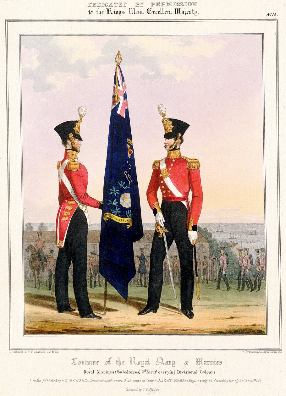 Kostume for den kongelige flåde og marineinfanteri. Royal Marines (subalterner) 2d. Lt., ca. 1832 (farvelitografi) af L. and Eschauzier St. Mansion