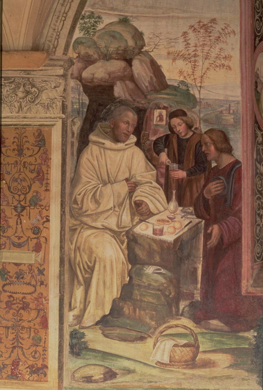 Sankt Benedikt mod et landskab, fra Sankt Benedikts liv (detalje) af L. and Sodoma, G. Signorelli