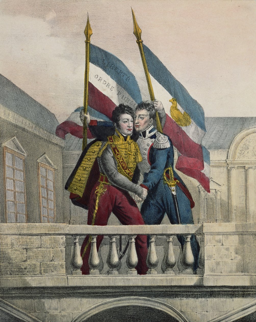 Hertugen af Orleans omfavner general La Fayette og hæver de nationale farver på terrassen i Palais-Royal, 30. juli 1830 af Labastide