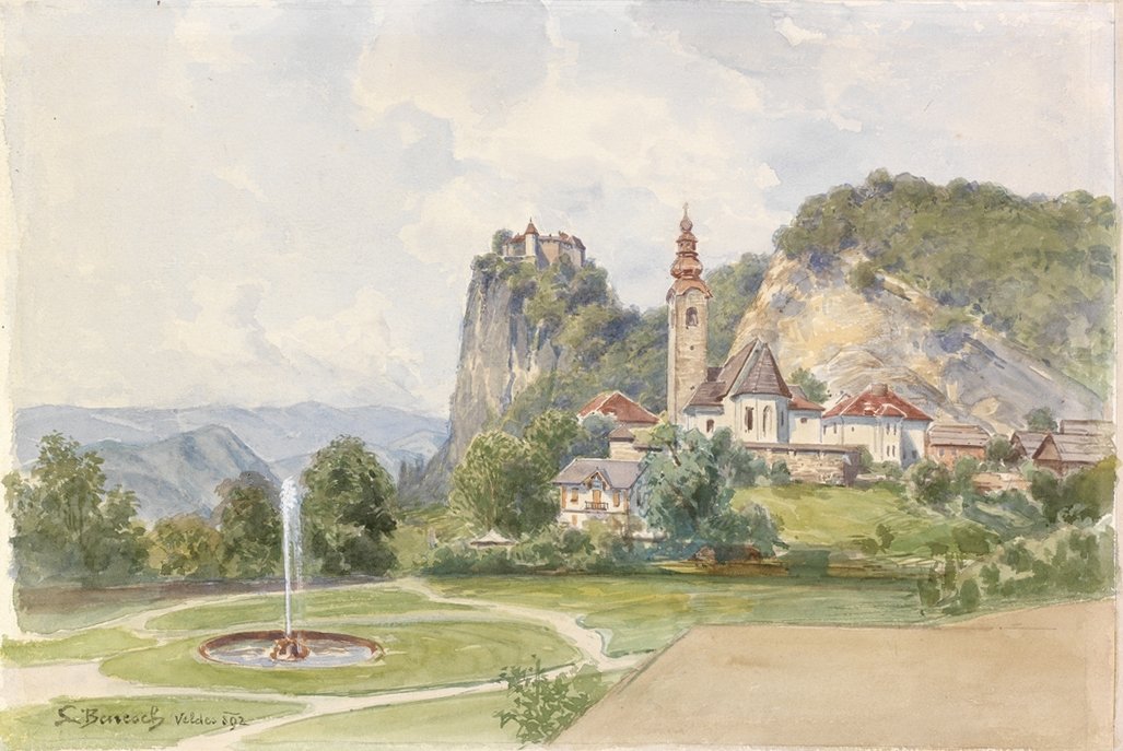 Bled-sognekirke med et slot i baggrunden af Ladislav Benesch
