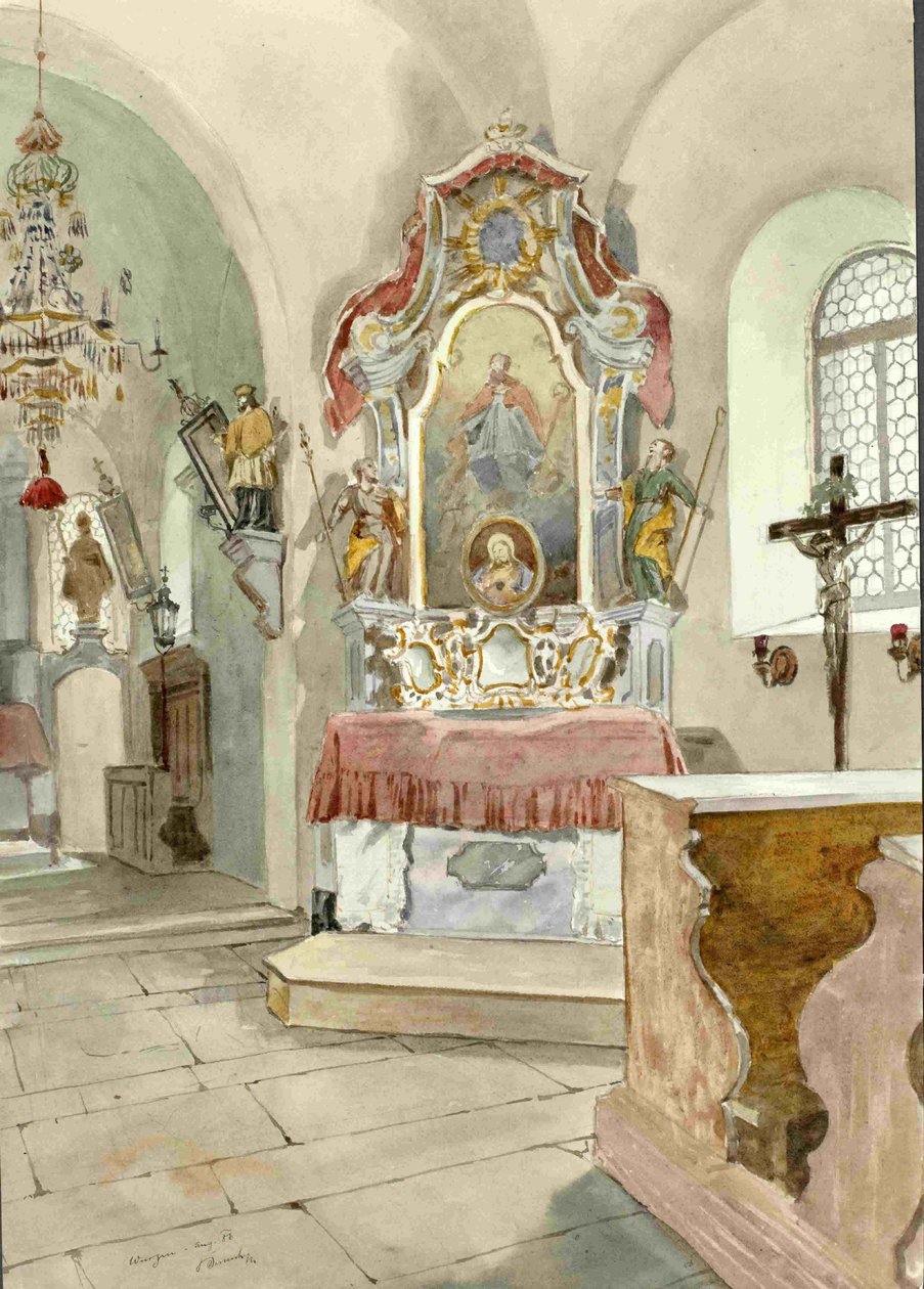 Det indre af kirken St. Andrew i Podkoren-alteret i St. Miklavzan af Ladislav Benesch