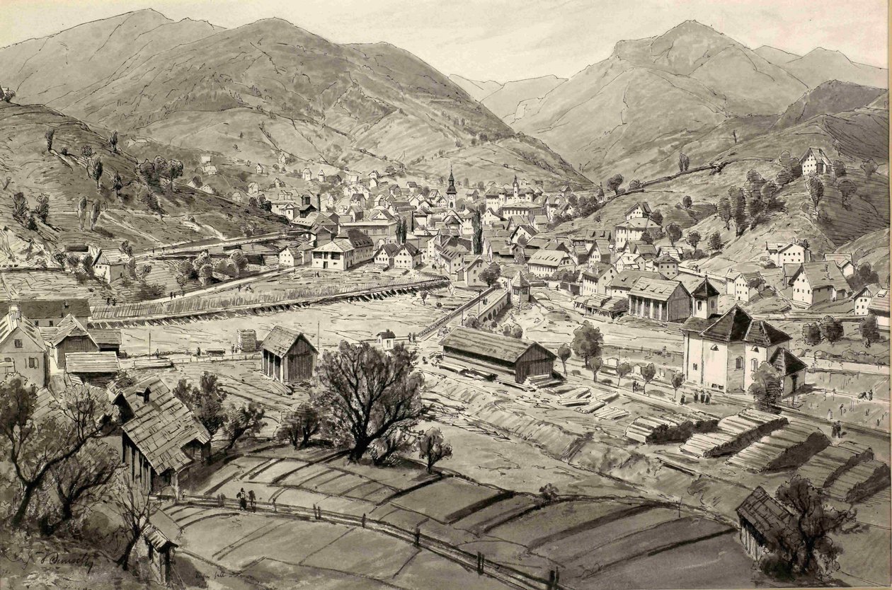 Udsigt over Idrija og Idrijca med en rive af Ladislav Benesch