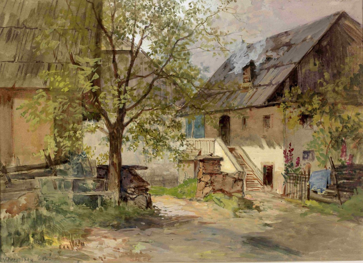 Landsbymotiv med hus og udhuse fra Bled af Ladislav Benesch