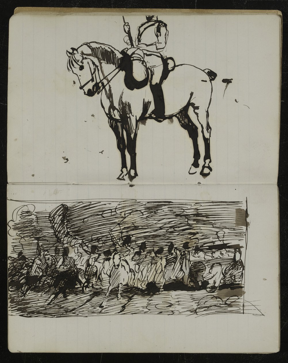 Studie af slaget ved Waterloo, en foreløbig skitse til oliemaleriet "Skotland for evigt!", ca. 1880 af Lady Butler