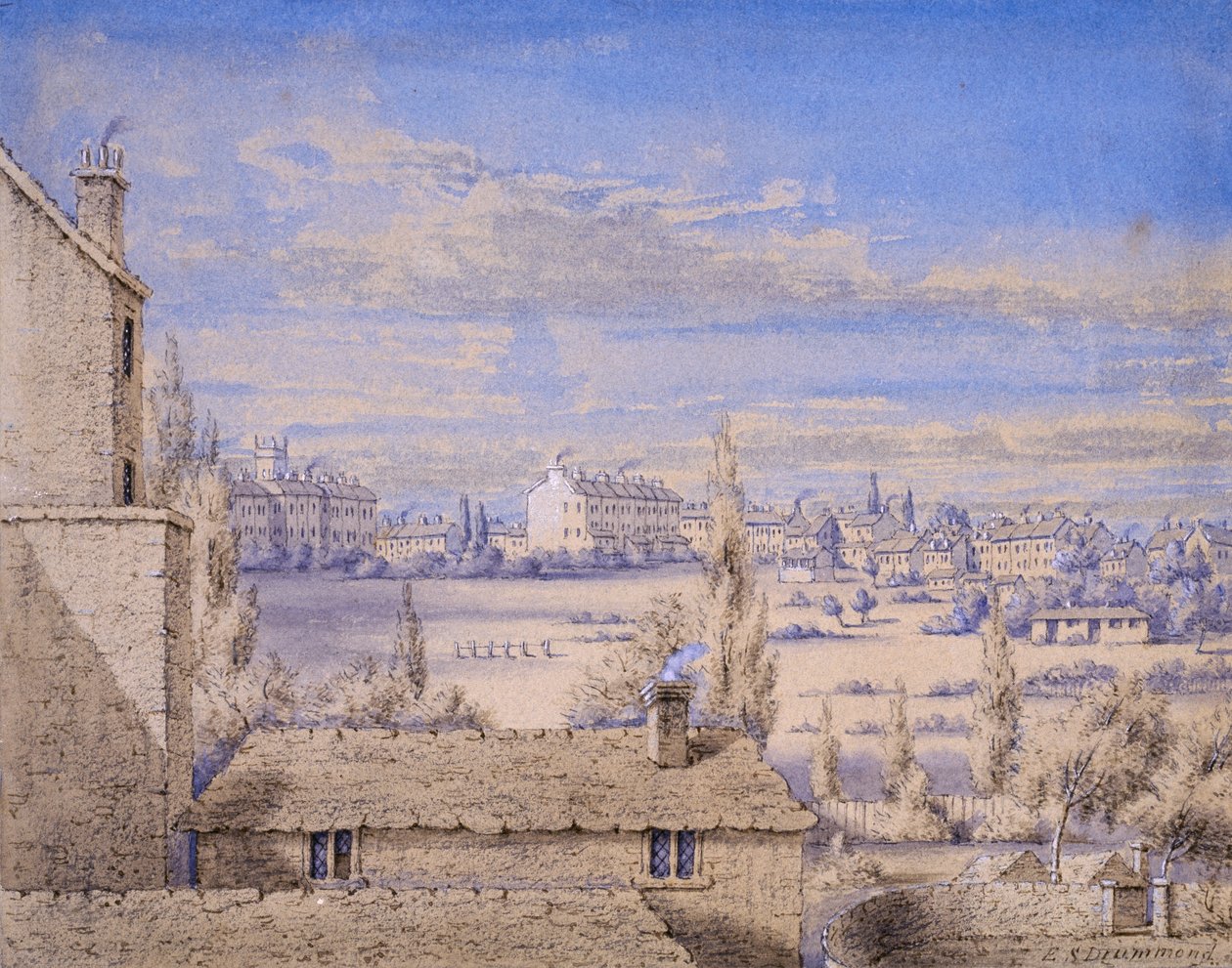 Udsigt over Belgrave Square set fra No.6 Grosvenor Place, London, ca. 1820 (wc og blyant på papir) af Lady Emily Drummond
