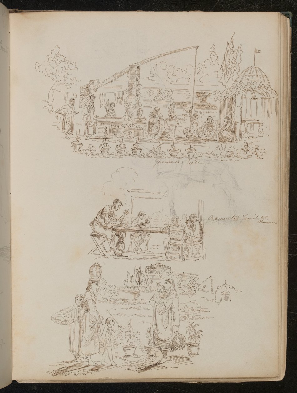 En have- og vaskeriscene med kvindelige figurer påskrevet "Genuese Well", og en undersøgelse af fire figurer påskrevet "Manentis familie til middag" af Lady Butler