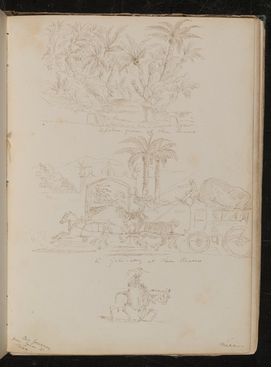 "En palmelund ved San Remo", en hestevogn foran "en port ved San Remo", en kvindeskikkelse til hest" af Lady Butler