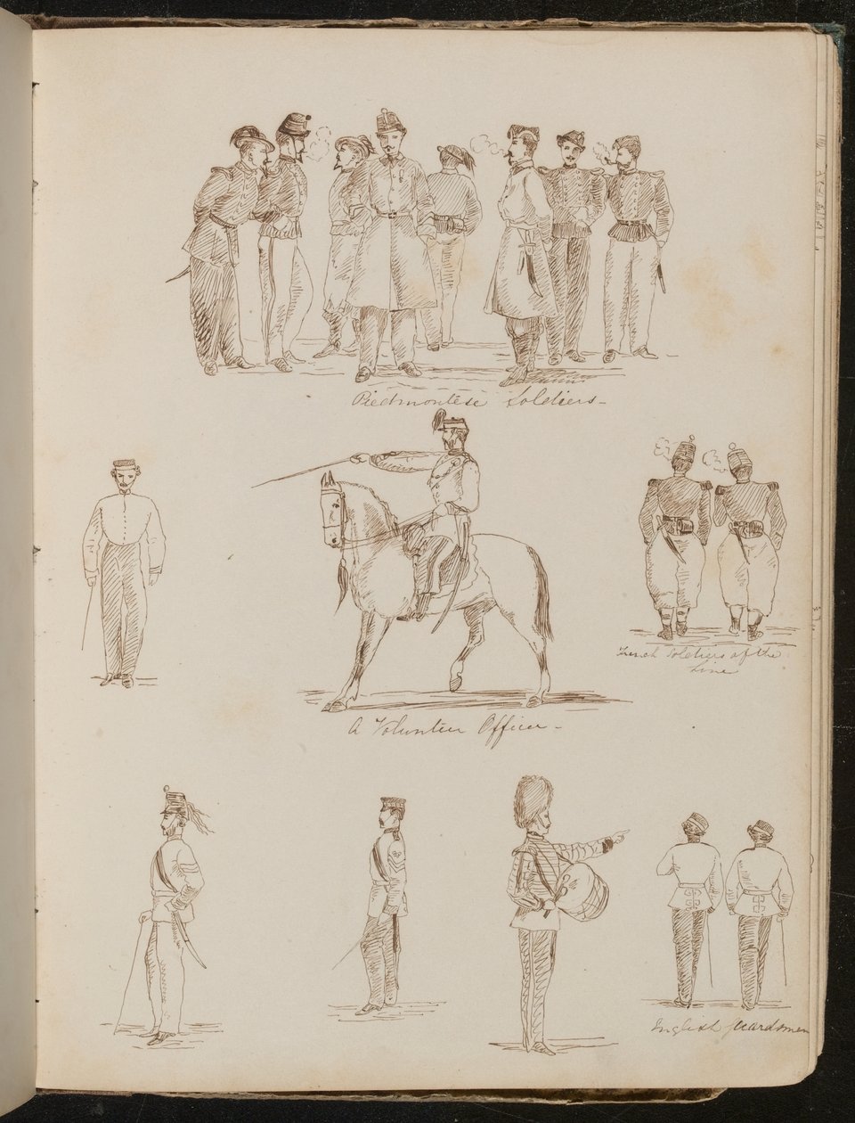Undersøgelser af otte soldater indskrevet "Piemontesiske soldater", "en frivillig officer", to "franske soldater ved linjen" af Lady Butler