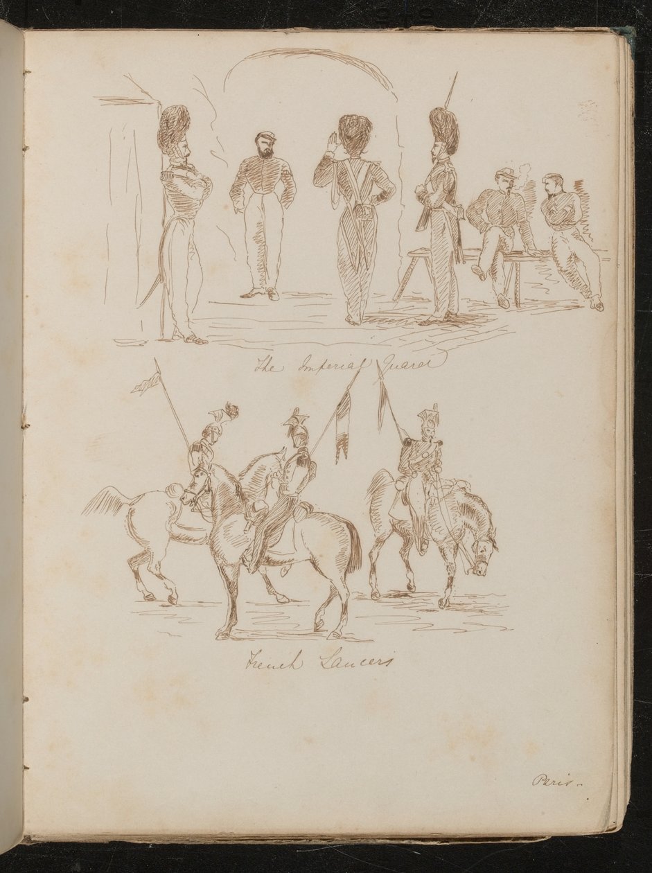 Undersøgelser af soldater påskrevet "Imperial Guards", soldater med flag på hesteryg påskrevet "Franske Lancers" af Lady Butler