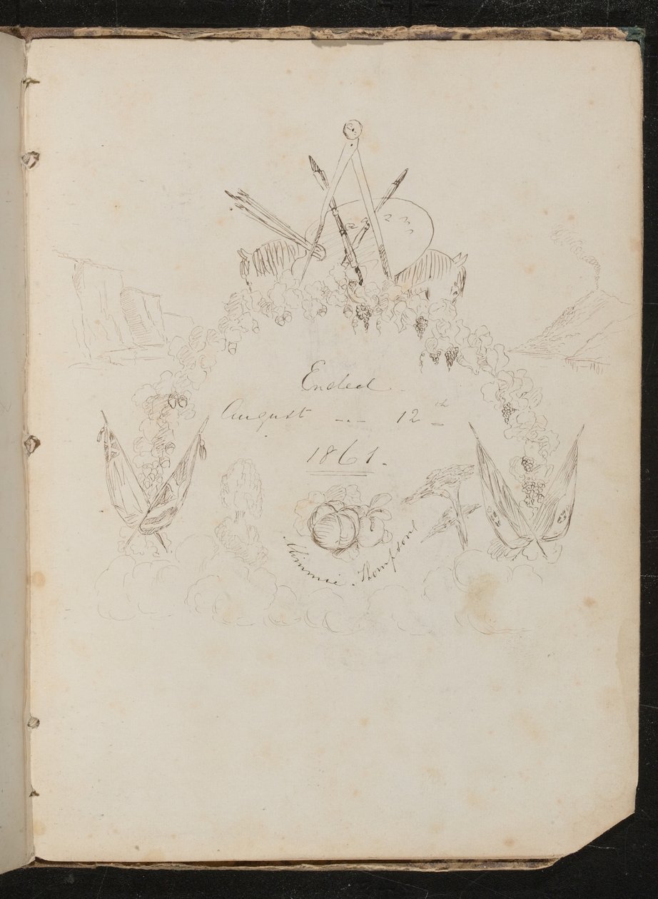 Studie af kunstnerens materialer, sommerfugle, blomster, flag, klippeflade og guirlande i våbenskjoldformation omkring inskriptionen "Afsluttet 12. august 1861" af Lady Butler