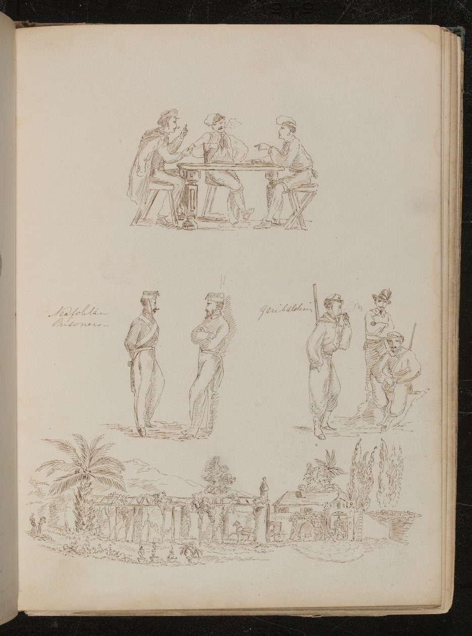 Tre soldater, der spiller kort, to "neopolitanske fanger" i samtale, tre "garibaldianere" i ro og mag og ryger, en genuesisk villa af Lady Butler