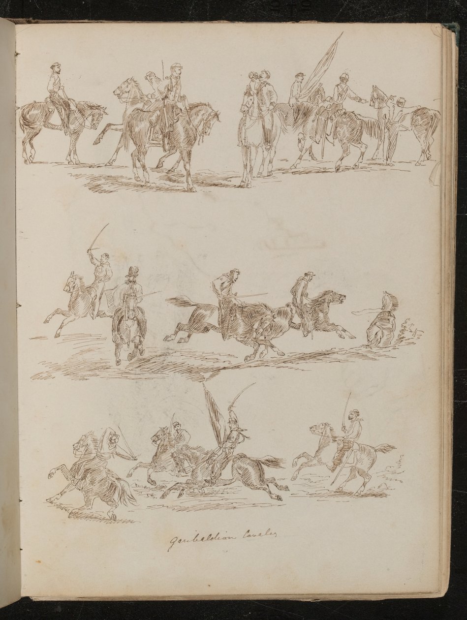 Tre undersøgelser af soldater på hesteryg indskrevet "Garibaldian Cavalry" af Lady Butler