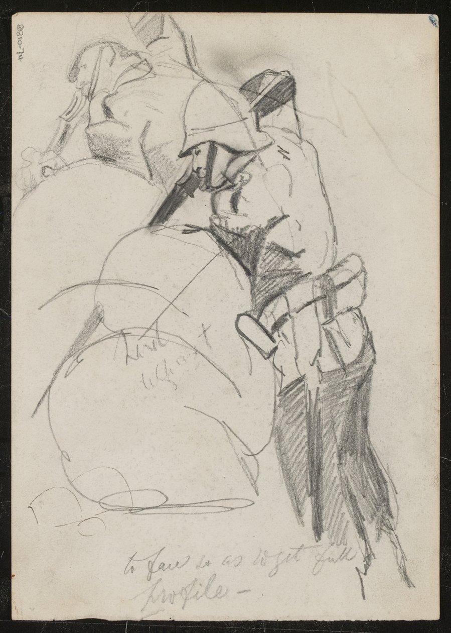 To soldater, der skyder nedad over sandsække, indskrevet "to face for at få fuld profil?", 1879 af Lady Butler