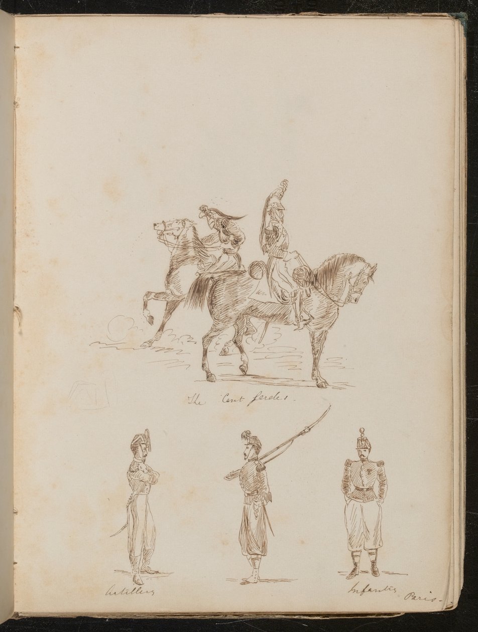 To soldater til hest påskrev "The Cert gardes", studier af artilleri- og infanterisoldater af Lady Butler