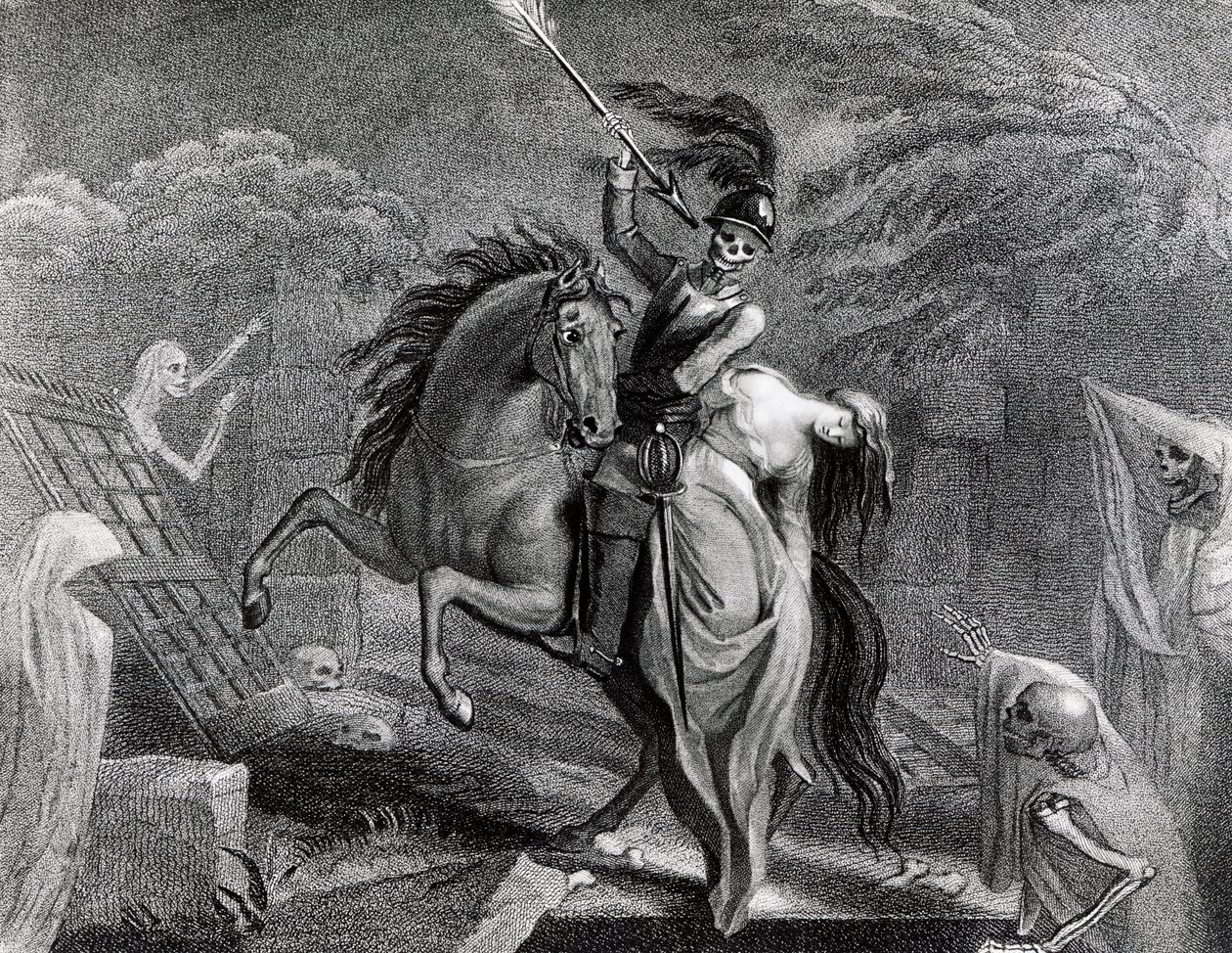 Lenore rider med døden, illustration til digtet Lenore af Gottfried Augustus Burger (1747-1794), tegning af Diana Beauclerk (1734-1808) til 1796-udgaven udgivet af Harding Pall Mall af Lady Diana Beauclerk