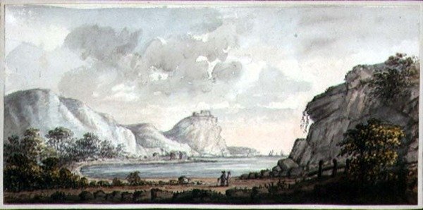 Landskab med to figurer med udsigt over en bugt, ca. 1825 (akvarel på papir) af Lady Egerton