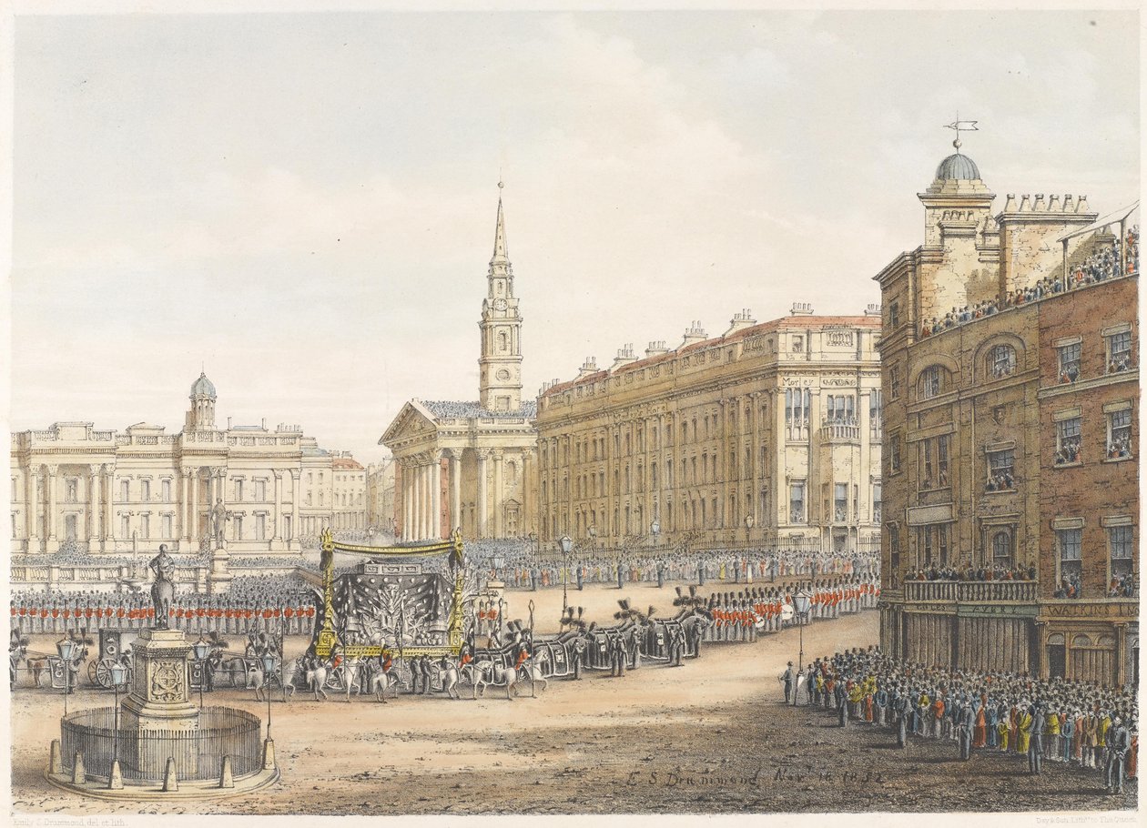 Begravelsesvognen og processionen ved hertugen af Wellingtons statsbegravelse passerer Mansion House den 18. november 1852 af Lady Emily Drummond