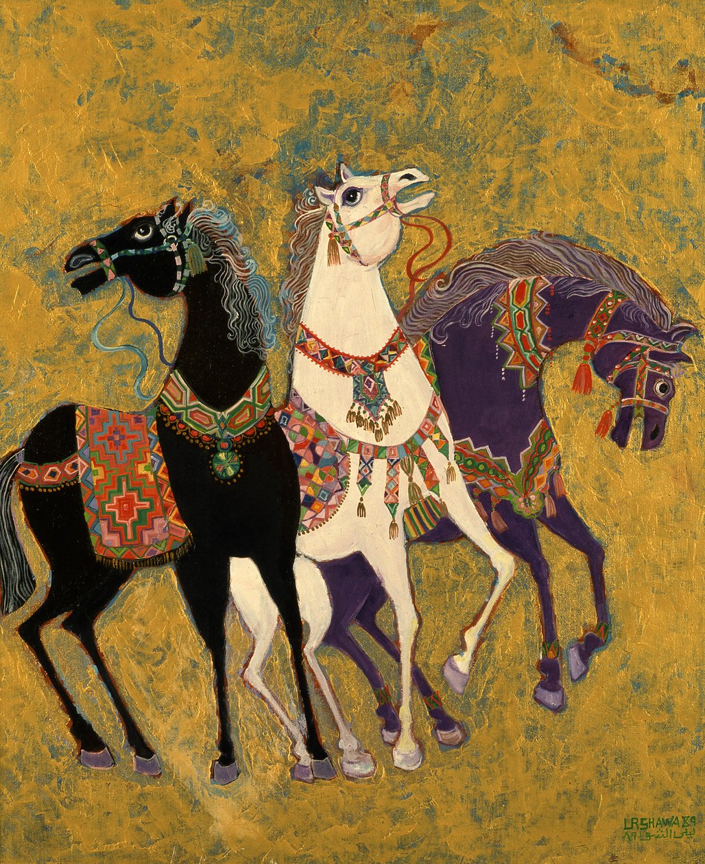 3 heste, 1975 (akryl om bord) af Laila Shawa
