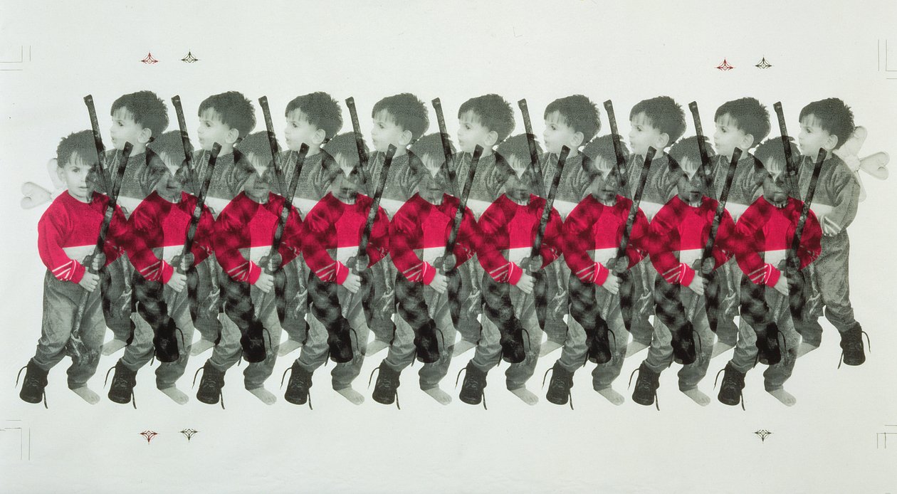 Boy Soldiers, 1996 (silketryk på bomuld) af Laila Shawa