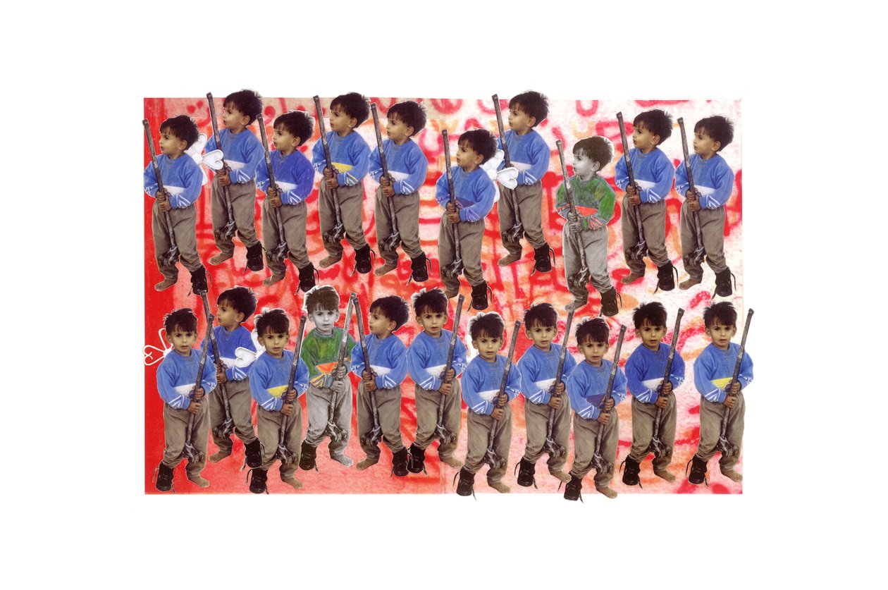 Boy Soldiers, 2005-06 (collage og acetat på papir) af Laila Shawa