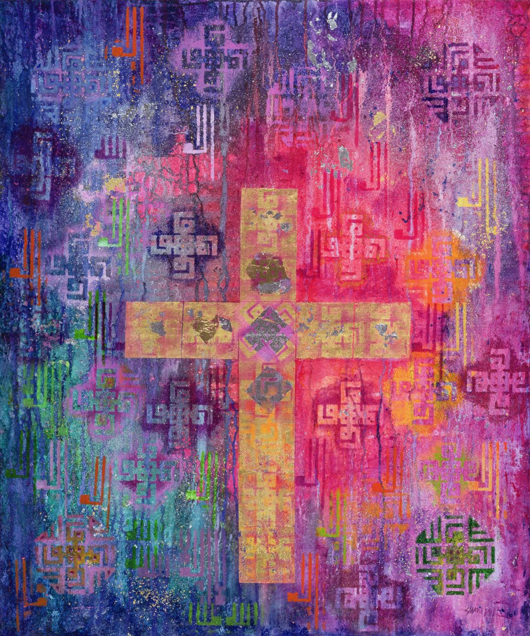Eastern Cross, 2000 (akryl & bladguld på lærred) af Laila Shawa