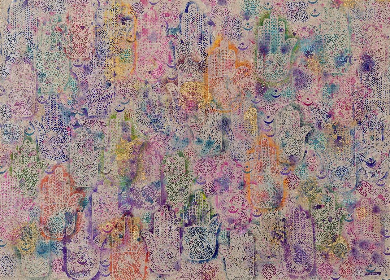 Hands of Fatima, 1999 (akryl & bladguld på papir) af Laila Shawa
