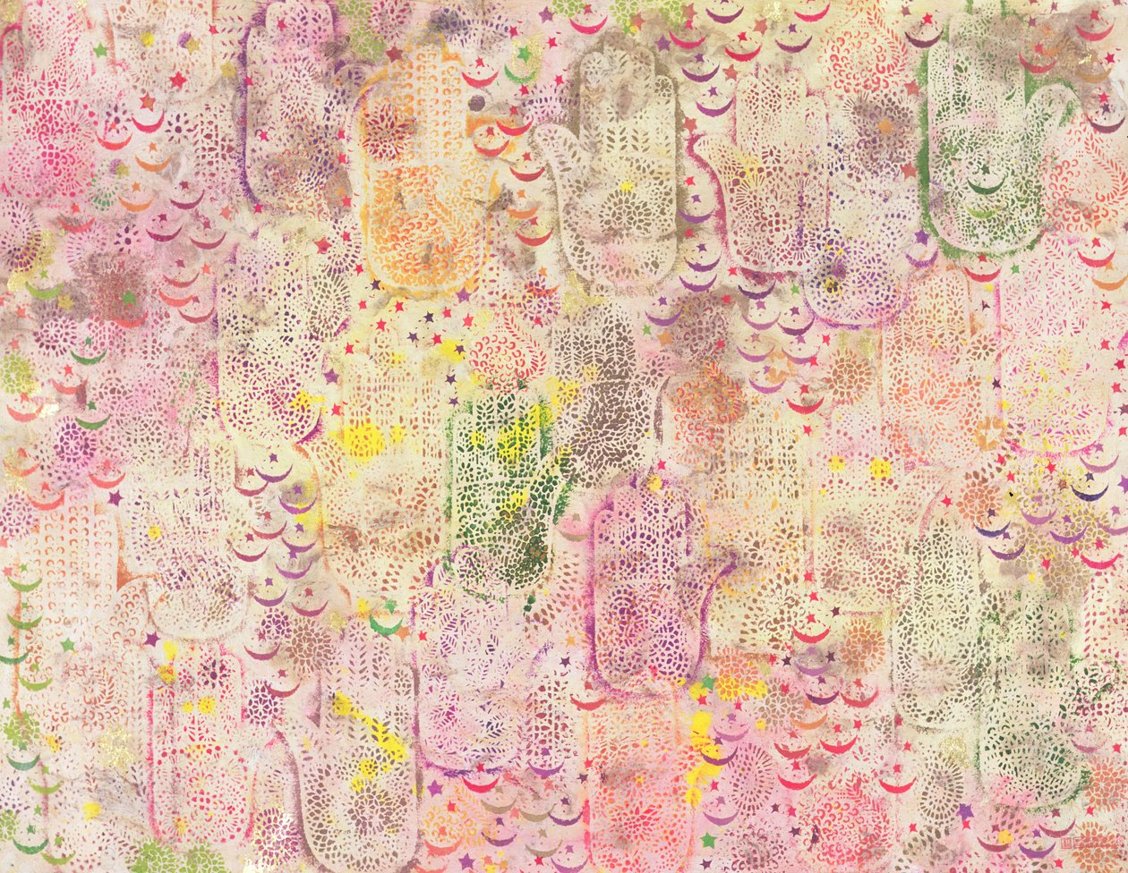 Hands of Fatima, 1999 (akryl på papir) af Laila Shawa