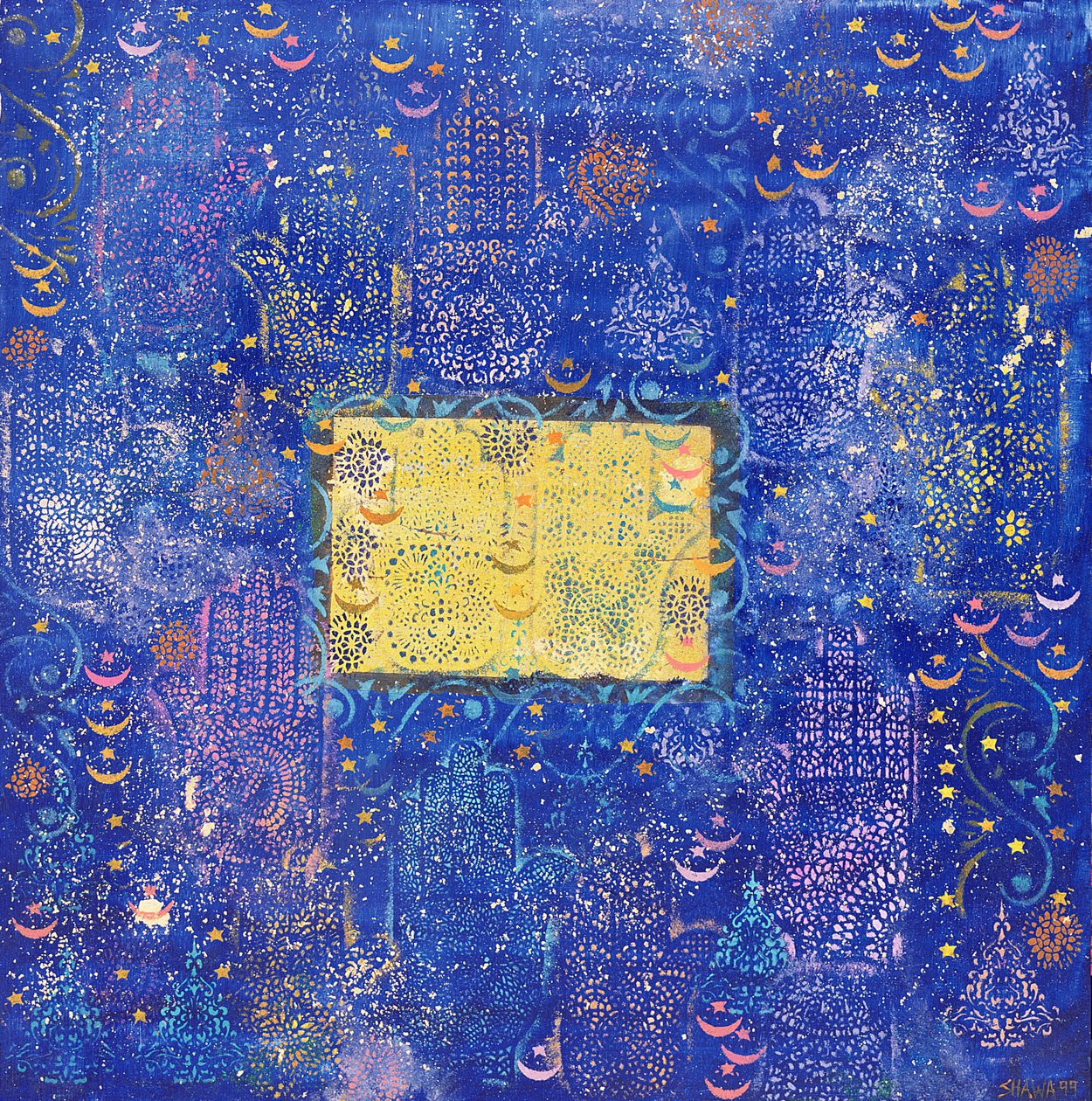 Night of Destiny, 1990 (akryl & bladguld ombord) af Laila Shawa