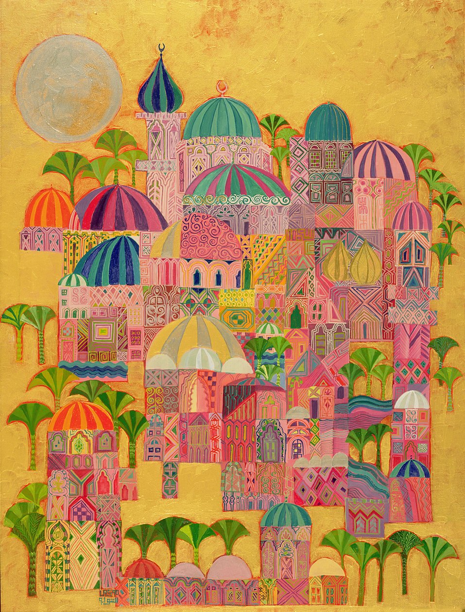 Den Gyldne By, 1993-94 (akryl på lærred) af Laila Shawa