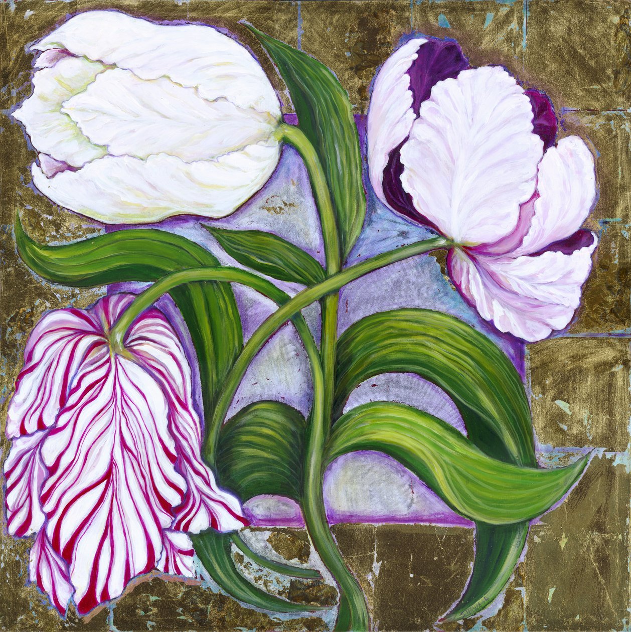 Tulipaner, 2004 (akryl og metalblad på lærred) af Laila Shawa