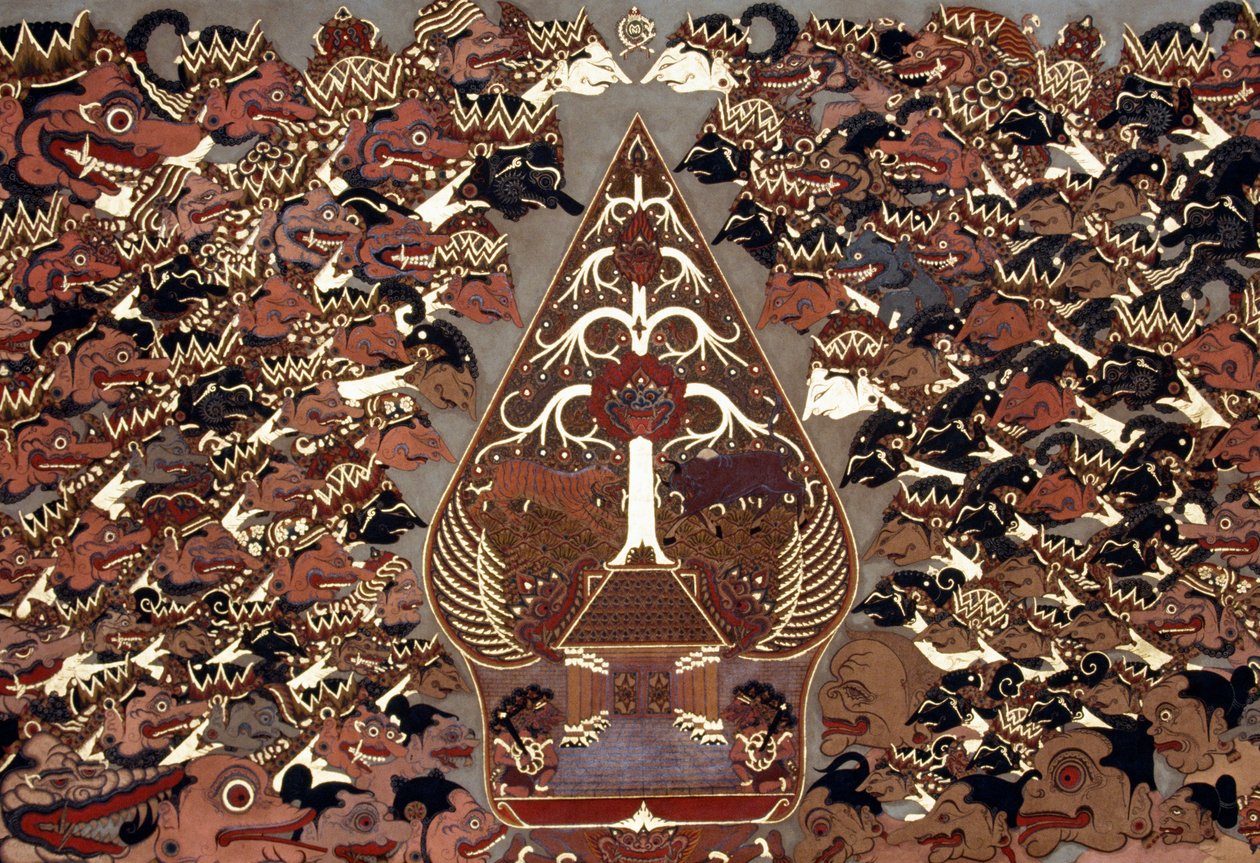 Maleri i Wayang Beber-stil, som er inspireret af Theatre of Shadows (wayang kulit), Mangkunegaran Palace, Surakarta, Java, Indonesien af Amadeo (after) Modigliani