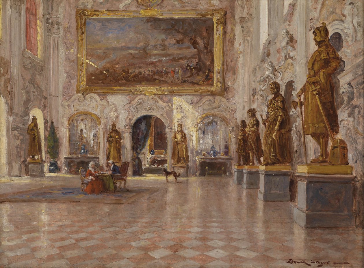 Den store sal i Schleissheim -paladset med et af de to kolossale malerier af Franz Joachim Beich af Lajos Bruck