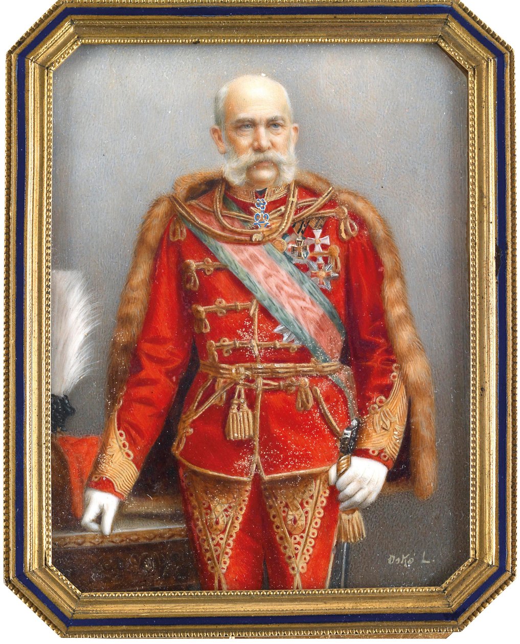 Portræt af Francois Joseph I af Østrig (1830-1916), i ungarsk uniform. Værk af Lajos Osko (1865-1922), akvarel og gouache på horn. Ungarsk kunst, akademisk kunst. Privat samling. af Lajos Osko