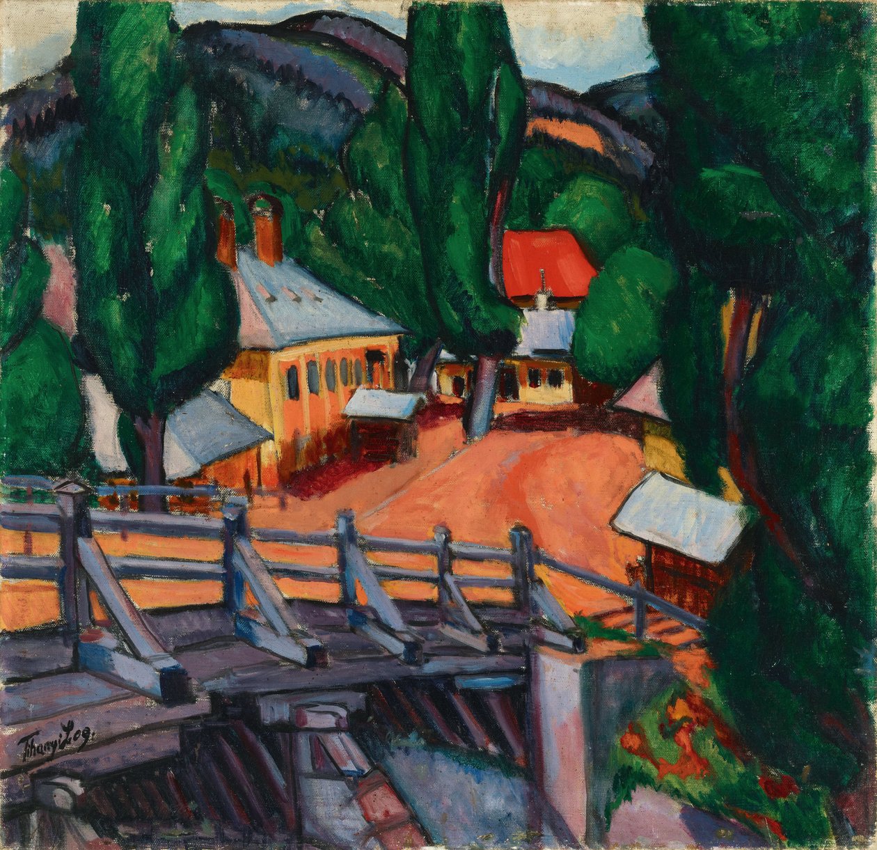 Paysage avec un pont - Landskab med en bro, af Tihanyi, Lajos (1885-1938). Olie på lærred af Lajos Tihanyi