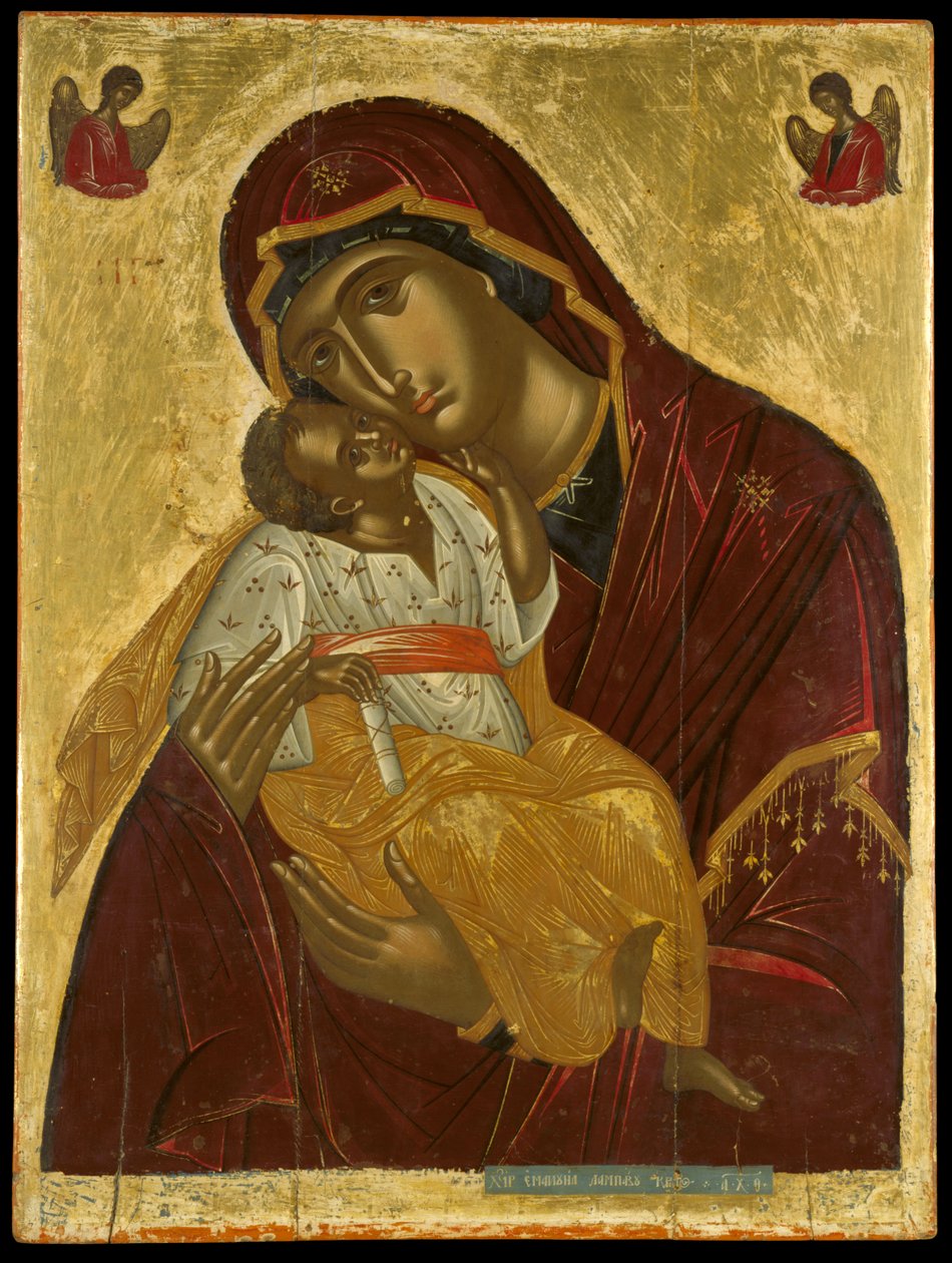 Ikon for Ømhedens Jomfru, fra Kreta ca. 1609 (ægtempera og bladguld på panel) af Lambardos Emmanuel