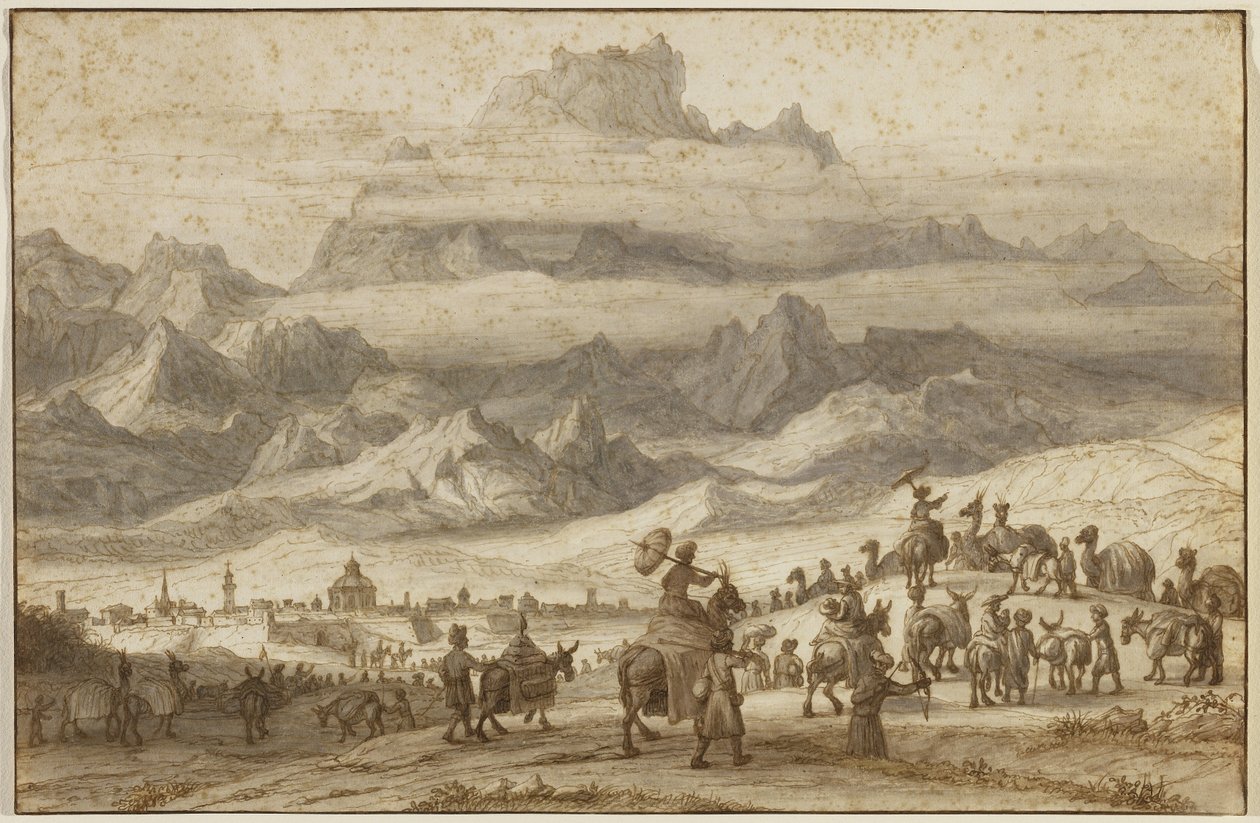 Noahs Ark på Mount Ararat, et kameltog uden for byen Yerevan i forgrunden, ca. 1690 (pen og brunt blæk med brune, grå og gule vaske på lagt papir) af Lambert Doomer