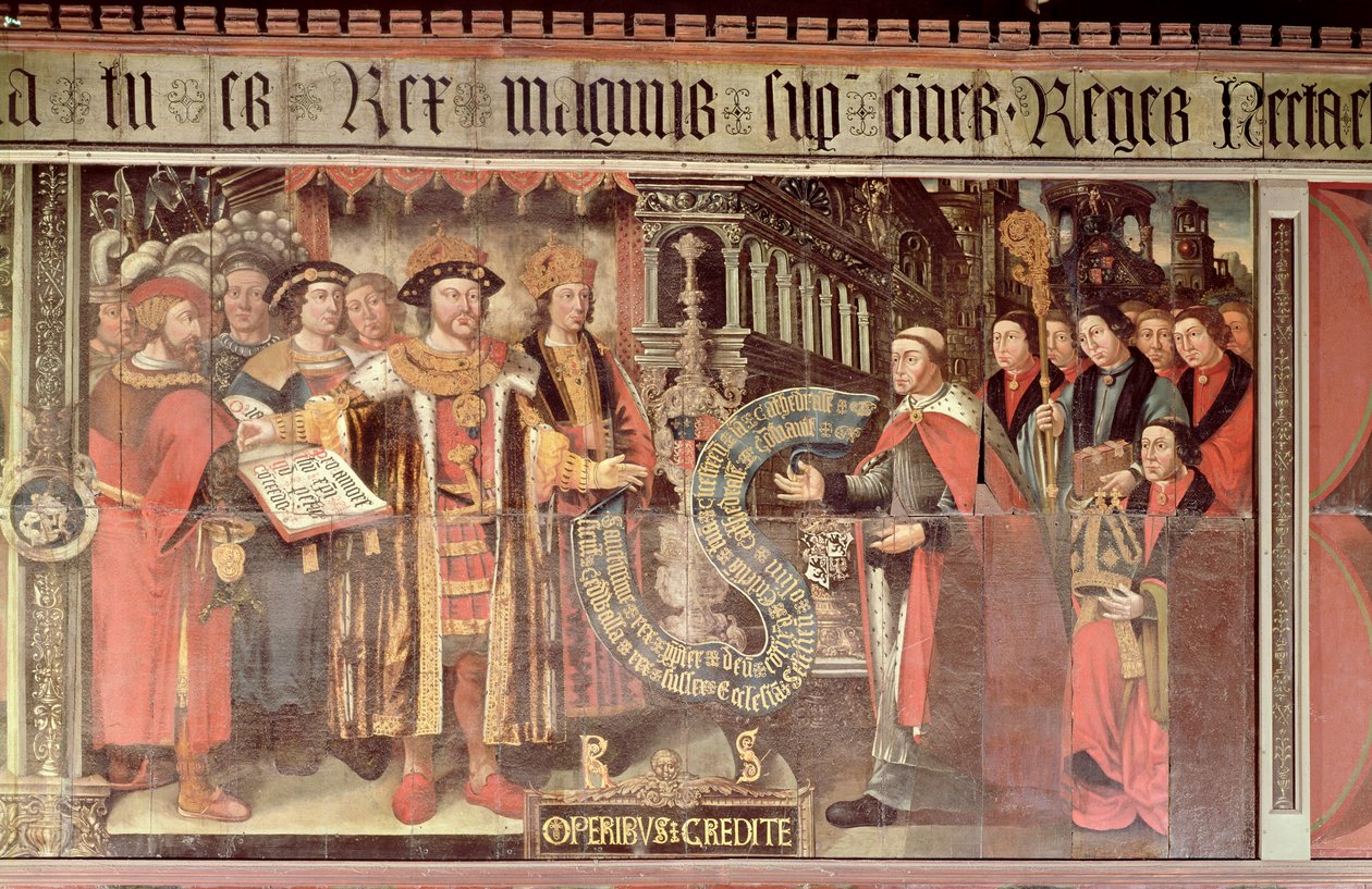 Biskop Robert Sherburne med Henry VIII (1491-1547) c.1508-36 (vægmaleri) af Lambert Barnard