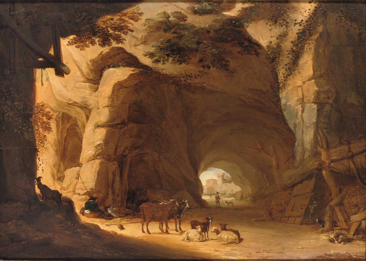 Hyrde og deres kvæg hviler i en grotte (olie på panel) af Lambert Doomer
