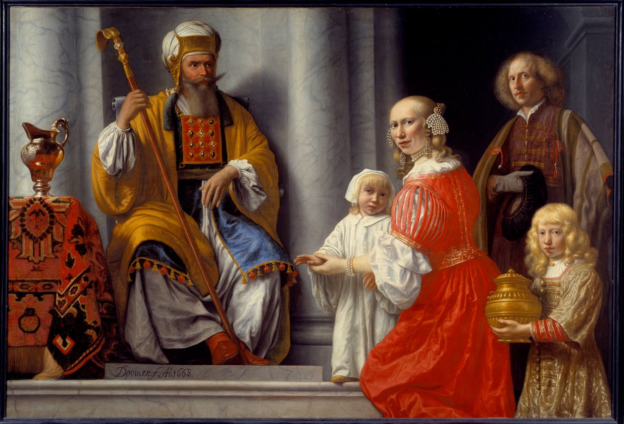 Profetinden Anne (Hannah) bringer sin søn Samuel til ypperstepræsten Eli (Heli) for at takke Herren for at have helbredt ham for hans sterilitis Maleri af Lambert Doomer (1624-1700) af Lambert Doomer